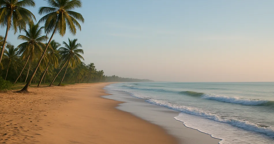 Generated image: a broad beach and gentle surf line the coast near Mumbai.