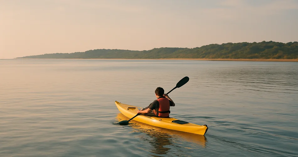 Generated image: a kayaker paddles across calm water near the coast.