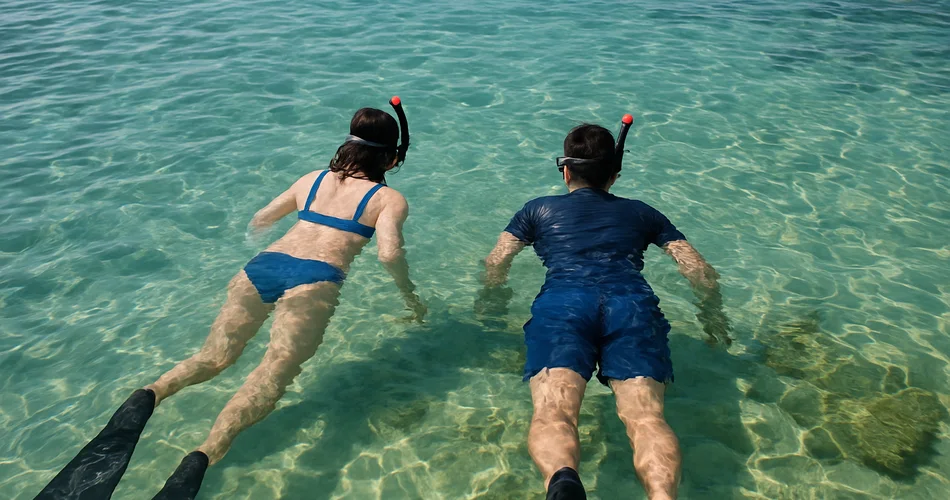Generated image: snorkellers explore clear coastal water above shallow marine life.