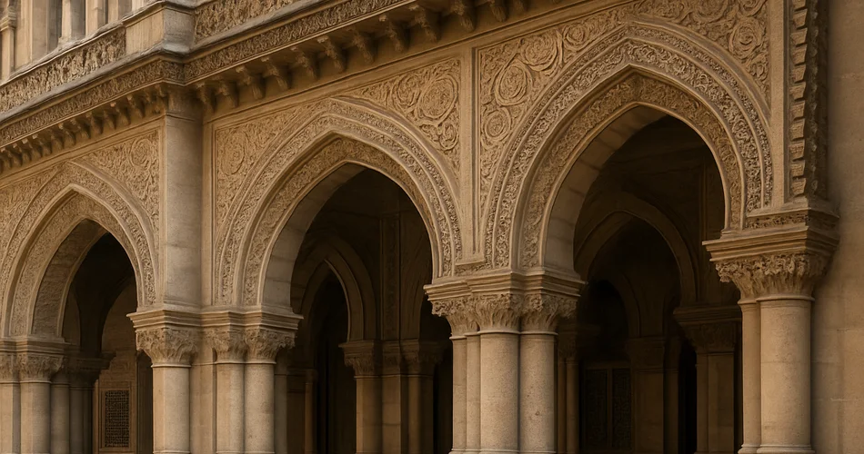 Generated image: carved stone arches show the decorative details of historic Mumbai architecture.