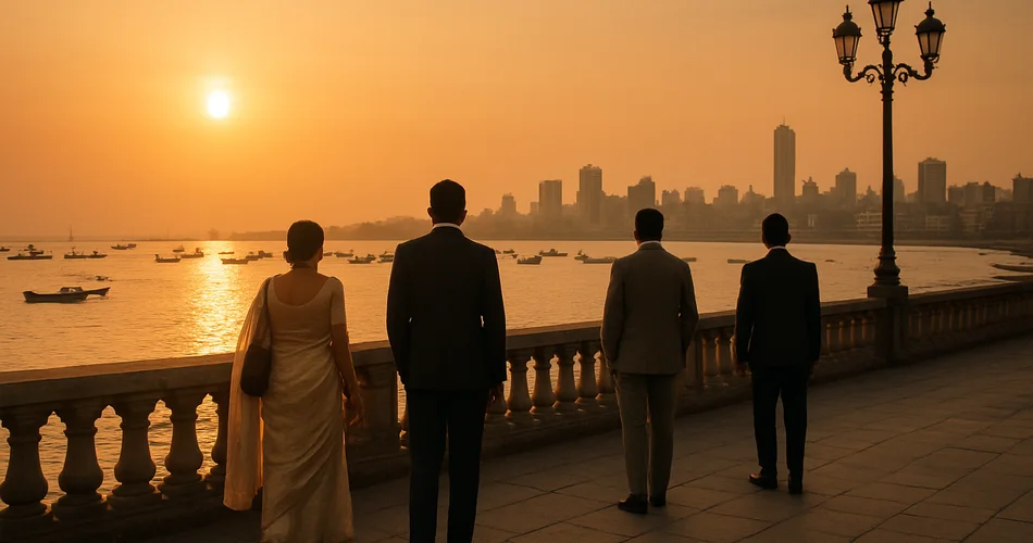 Generated image: a few formally dressed visitors stroll along a sunlit Mumbai seafront promenade.