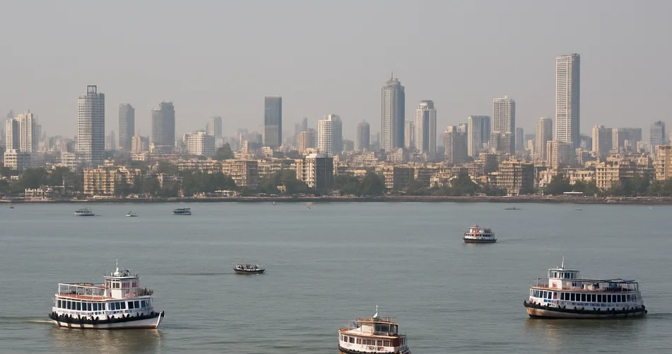 Generated image: boats cross the harbor beneath Mumbai’s broad city skyline.